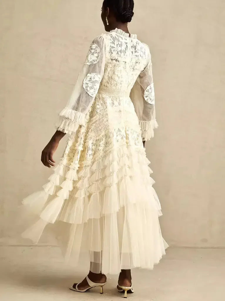 Lace-Embroidered Layered Tiered Maxi Dress - Dresses