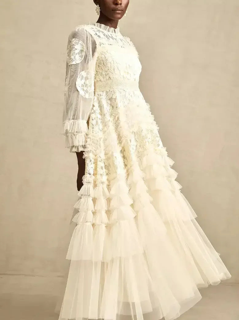 Lace-Embroidered Layered Tiered Maxi Dress - Dresses
