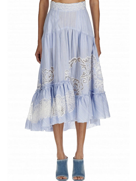Lace-Embroidered Stripe Blue Skirt - Skirts
