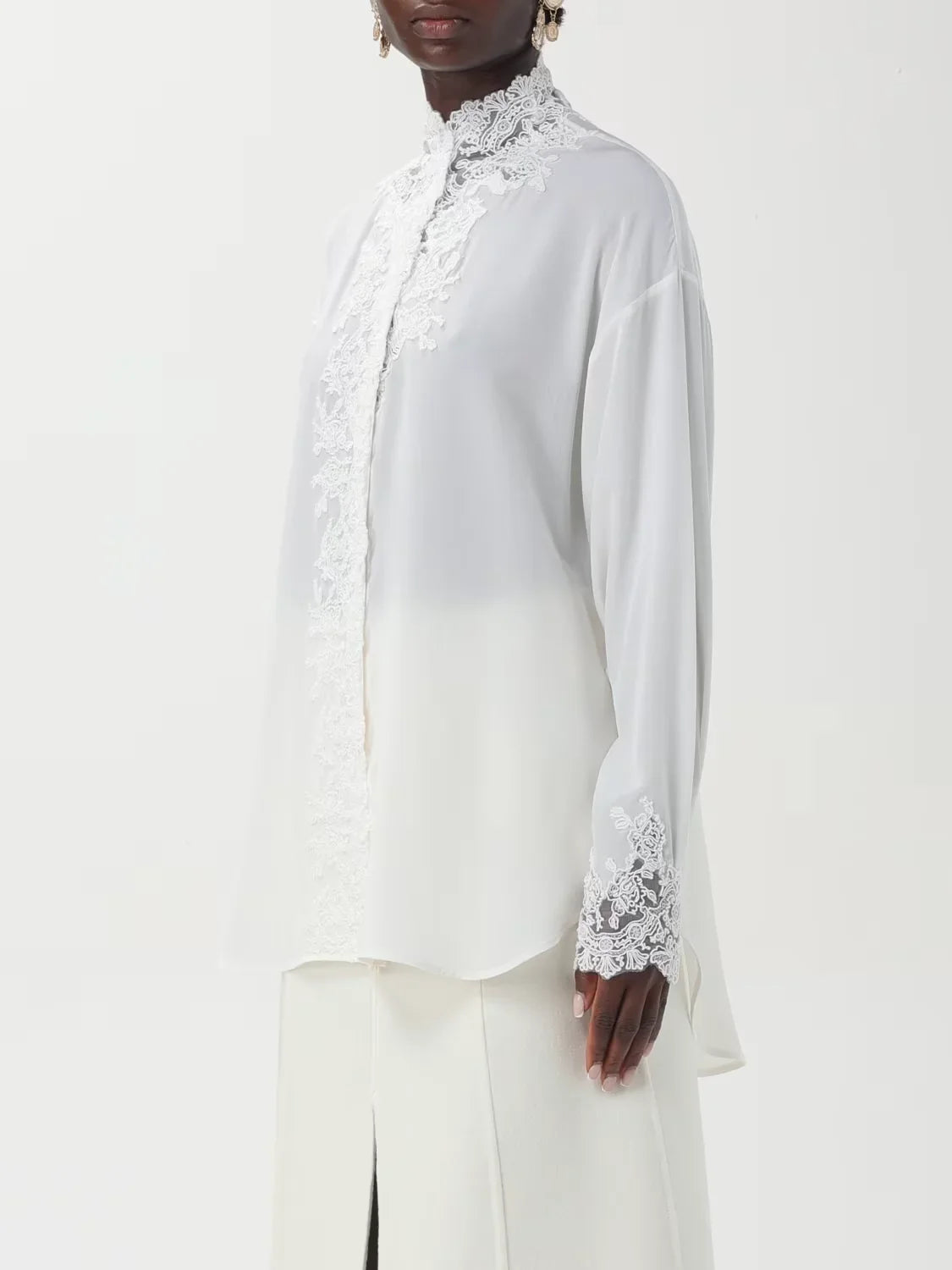 Lace Embroidered White Silk Shirt - Tops