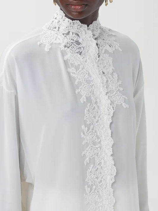 Lace Embroidered White Silk Shirt - Tops