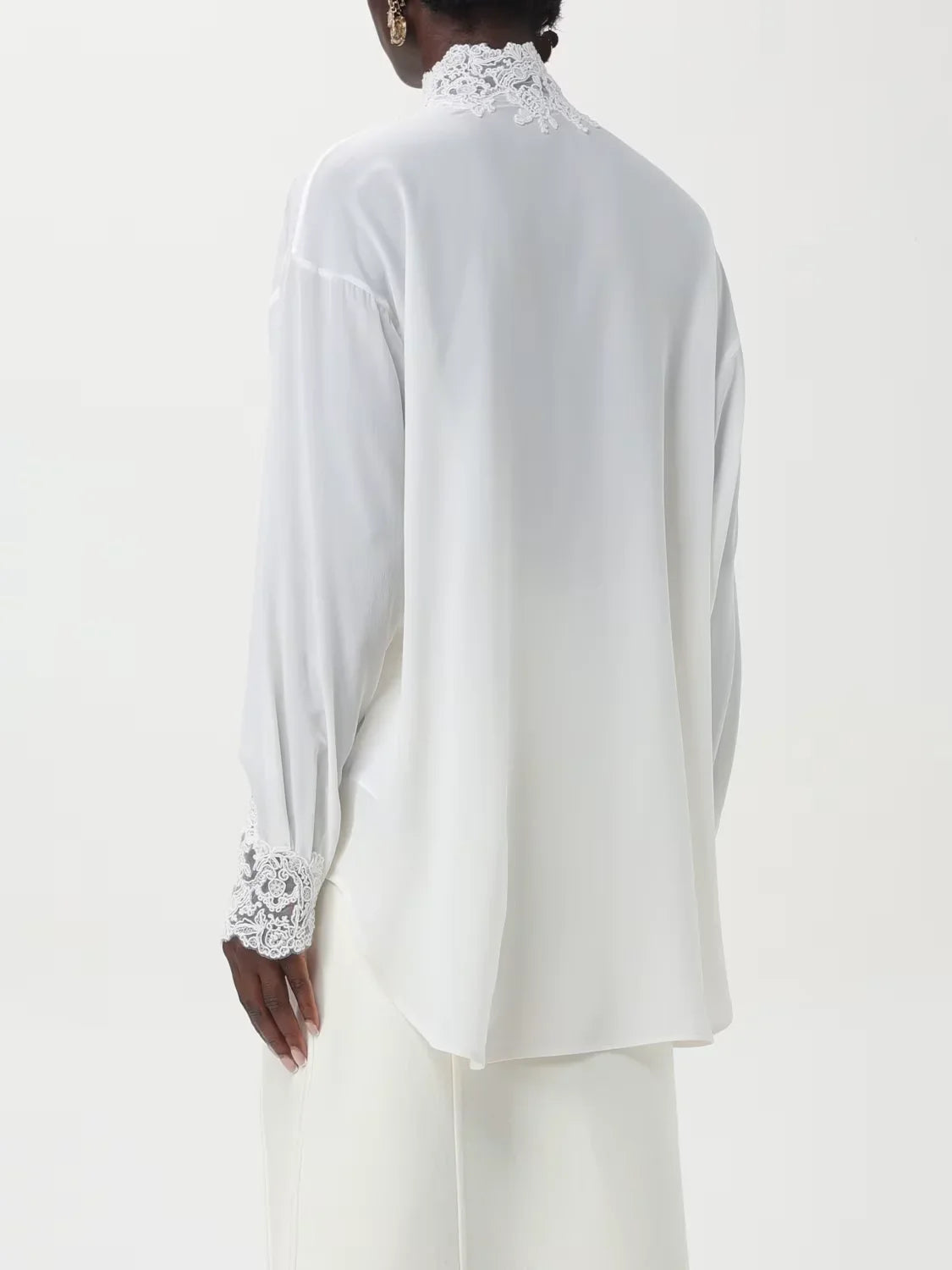Lace Embroidered White Silk Shirt - Tops