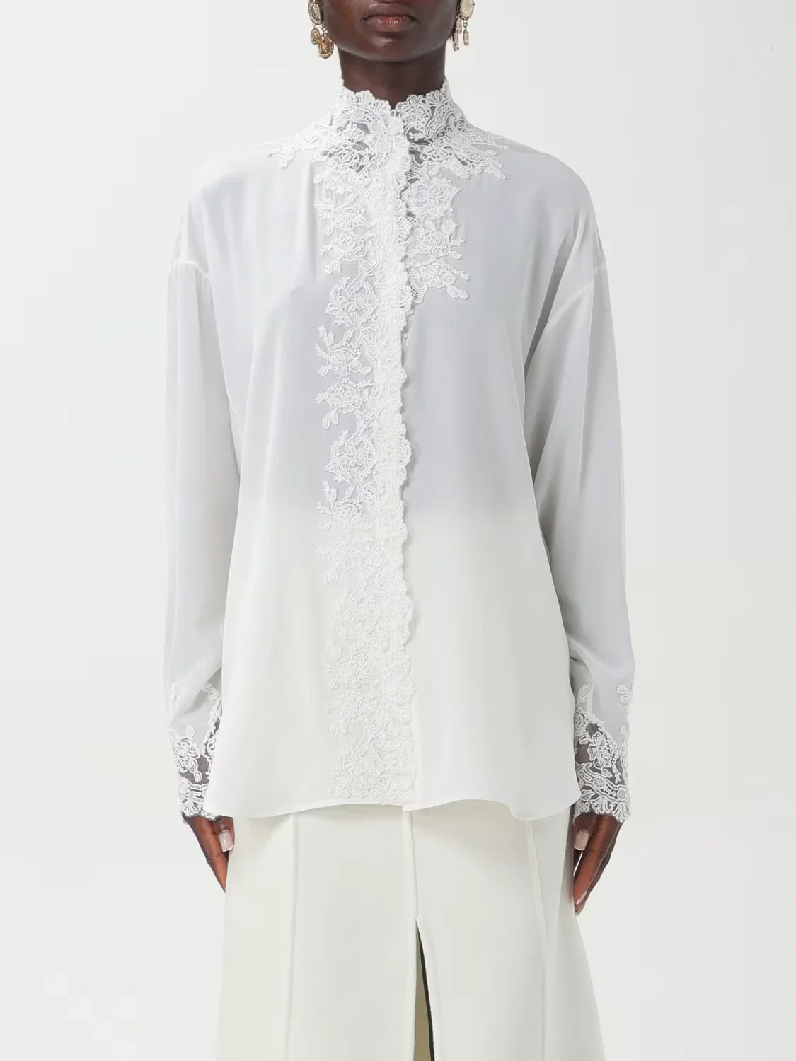 Lace Embroidered White Silk Shirt - Tops