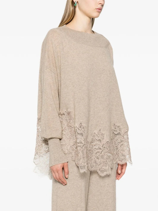 Lace-Hem Cashmere Sweater in Beige - Sweaters & Knitwear