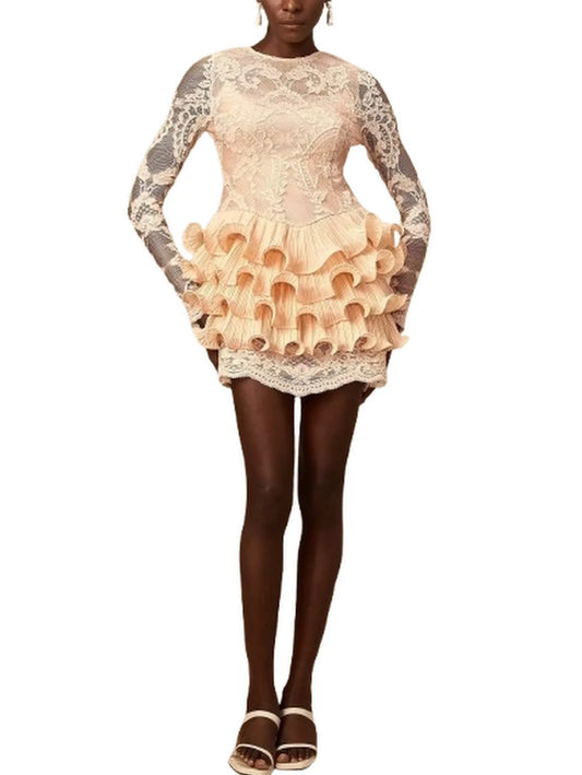 Lace Mini Dress with Ruffle Tiered Trim - M - Dresses