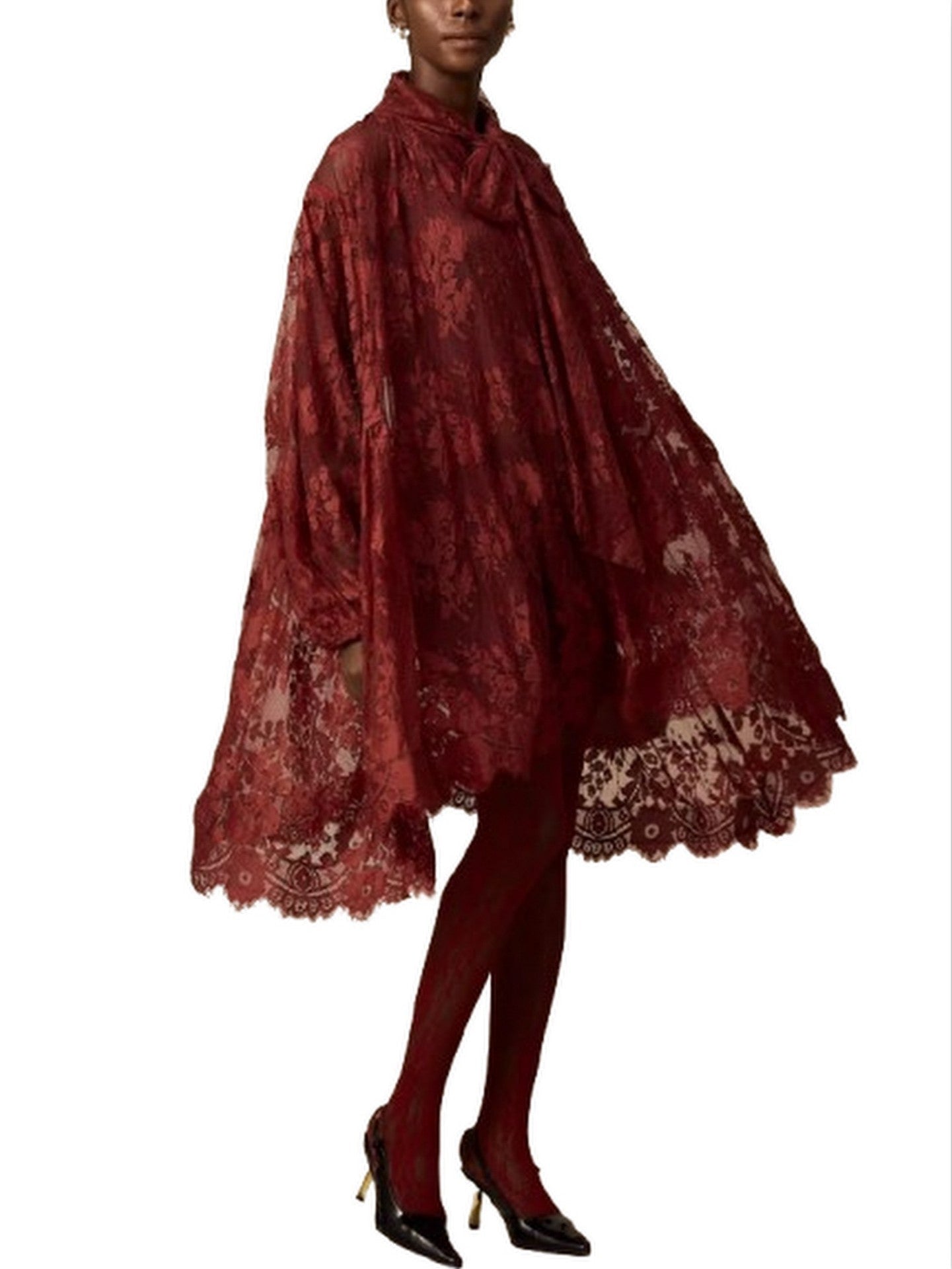 Lace Oversize Dress with Neck-Tie in Red - Dresses
