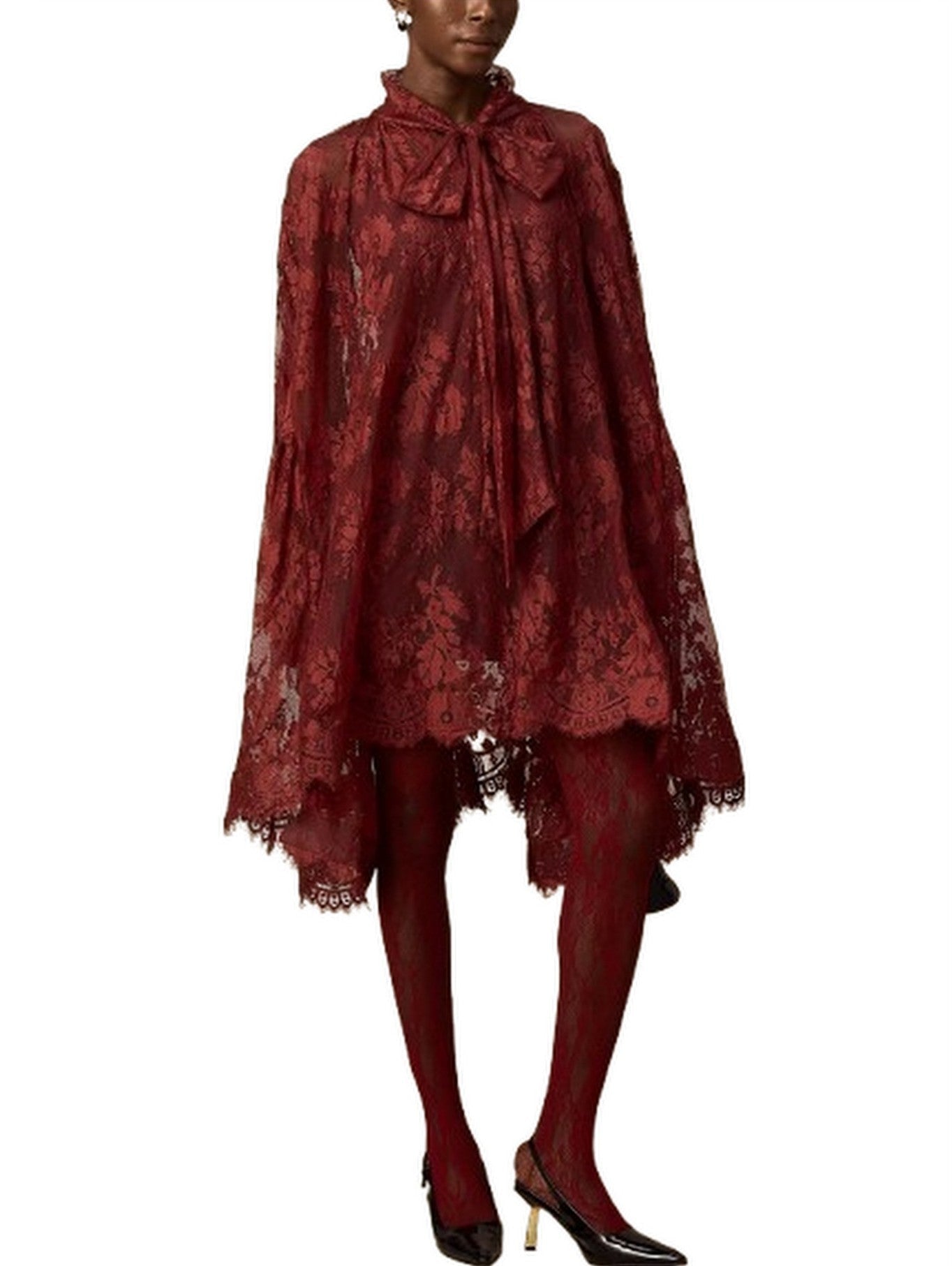 Lace Oversize Dress with Neck-Tie in Red - Dresses