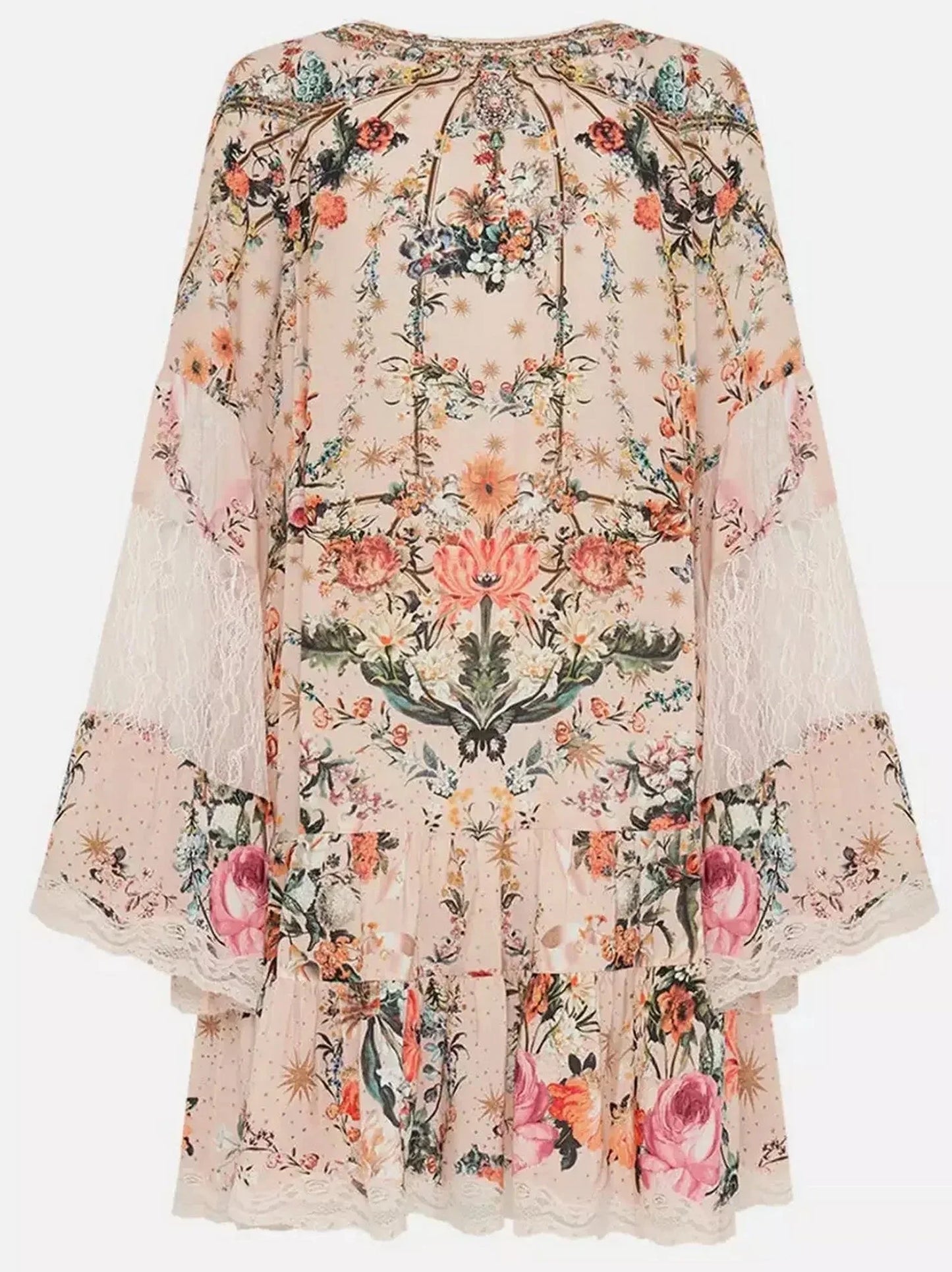 Lace Paneled Rose Garden-Print A-Line Silk Dress - Dresses