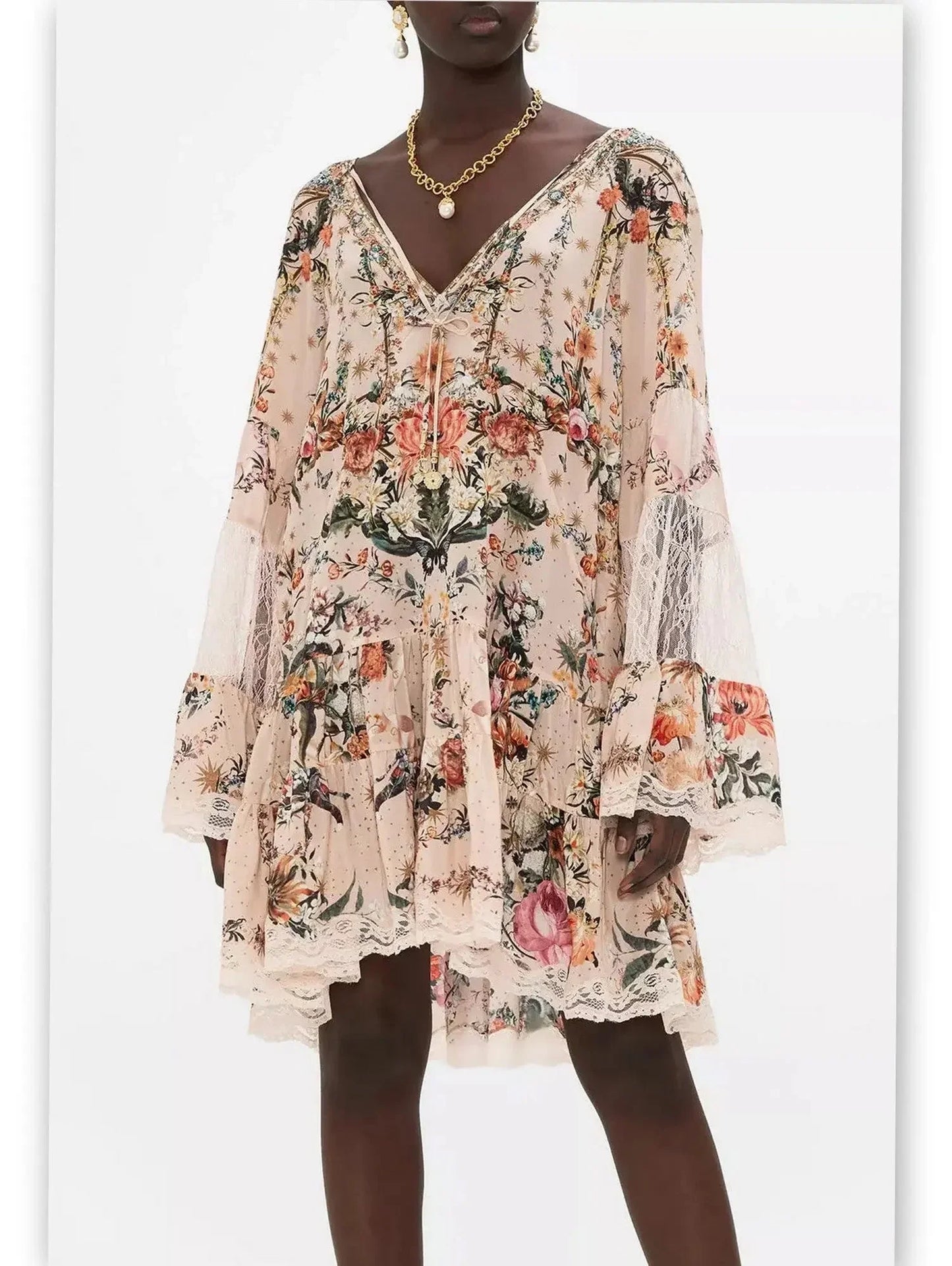 Lace Paneled Rose Garden-Print A-Line Silk Dress - Dresses