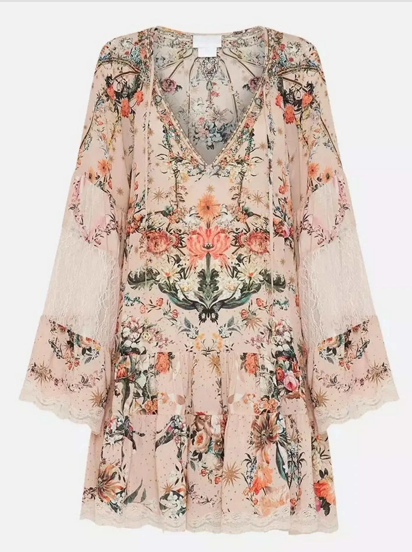 Lace Paneled Rose Garden-Print A-Line Silk Dress - Dresses