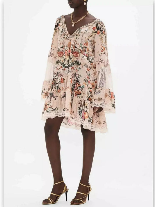 Lace Paneled Rose Garden-Print A-Line Silk Dress - Dresses