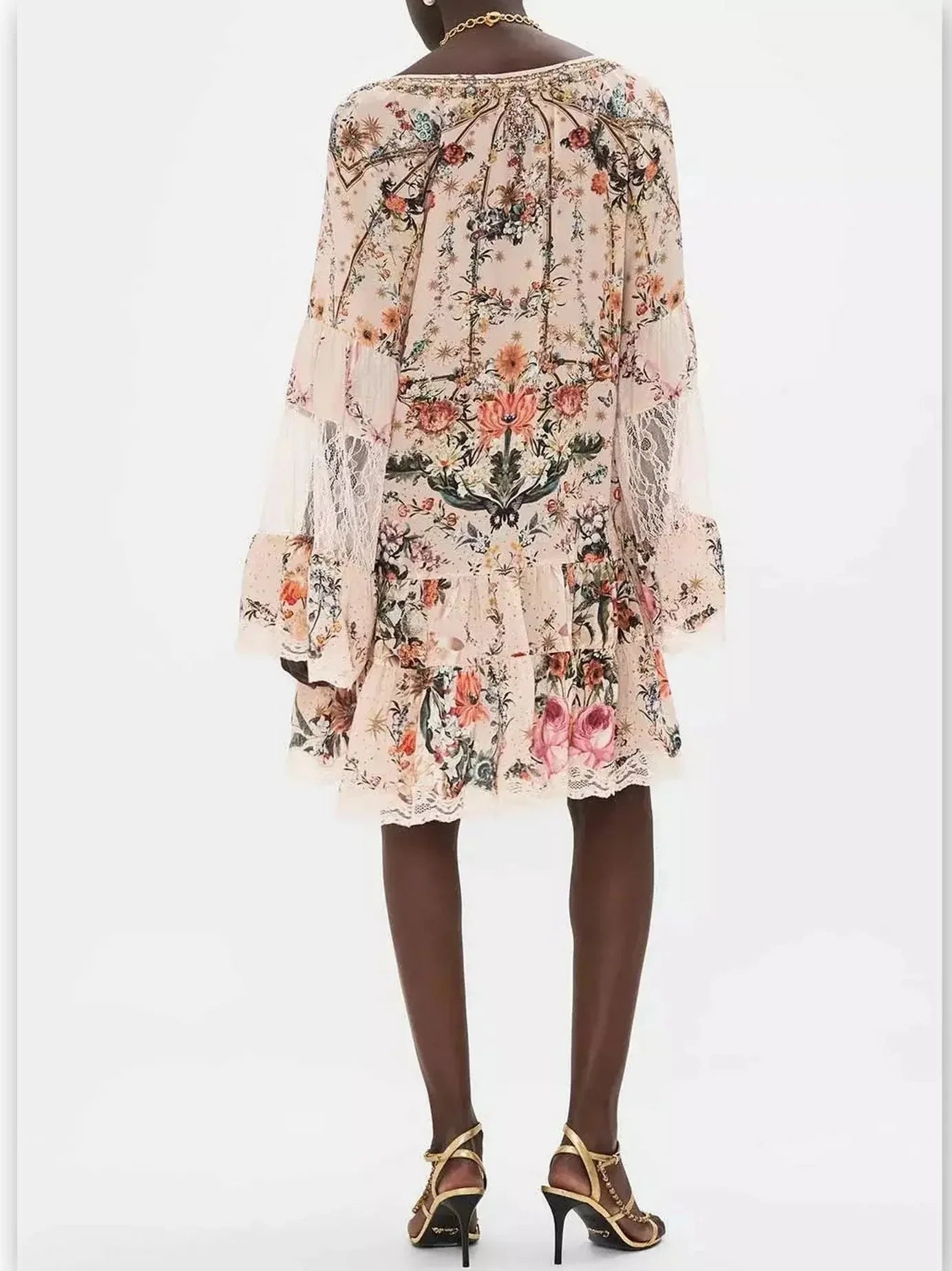 Lace Paneled Rose Garden-Print A-Line Silk Dress - Dresses