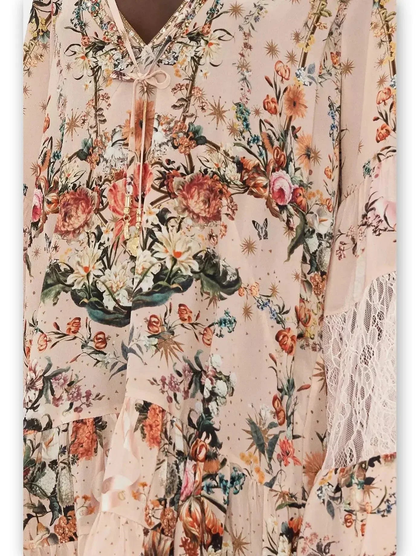 Lace Paneled Rose Garden-Print A-Line Silk Dress - Dresses