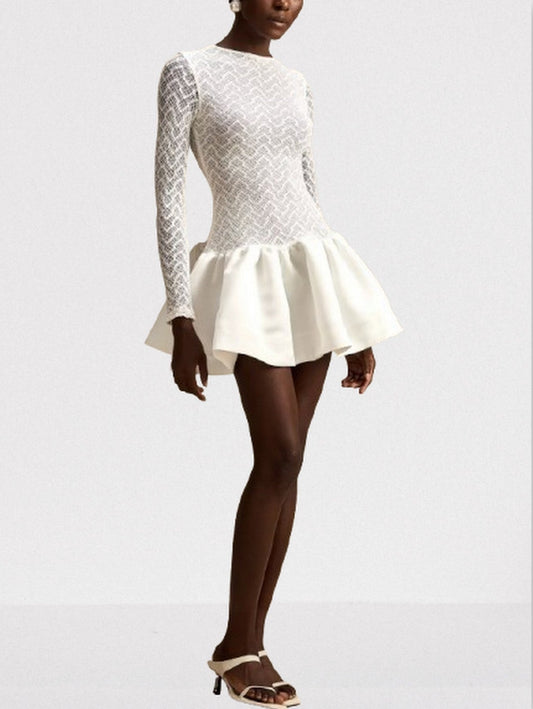 Lace-Paneled White flared Mini Skater Dress - Dresses