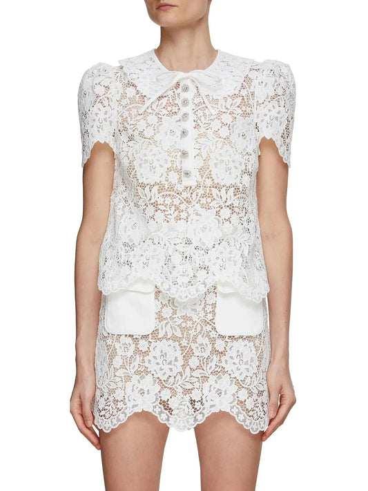 Lace Short Sleeve Top and Skirt Set in White - small - Suits & Sets