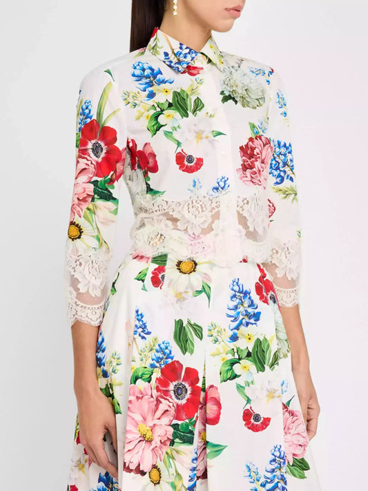 Lace-Trim Floral Cropped Shirt and Bermuda Short Set - Suits & Sets