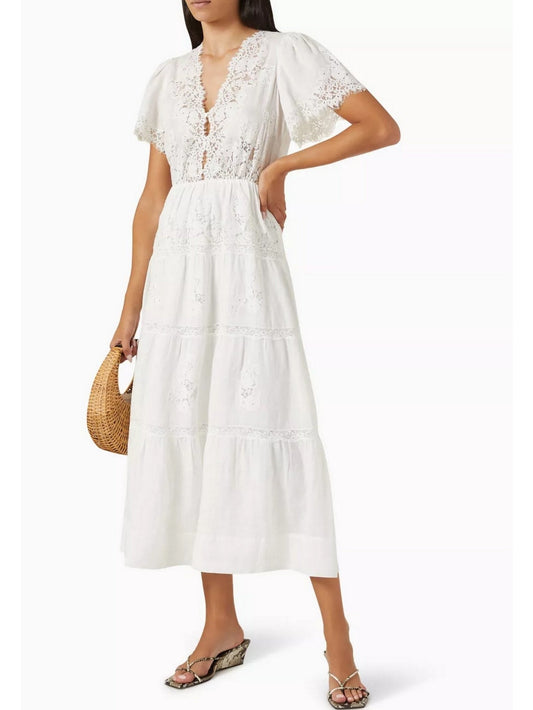 Lace-Trim Long White Ramie Dress featuring a stylish white eyelet design