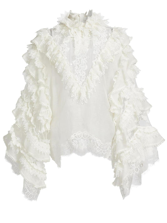 Lace-Trim Ruffled Blouse - Tops