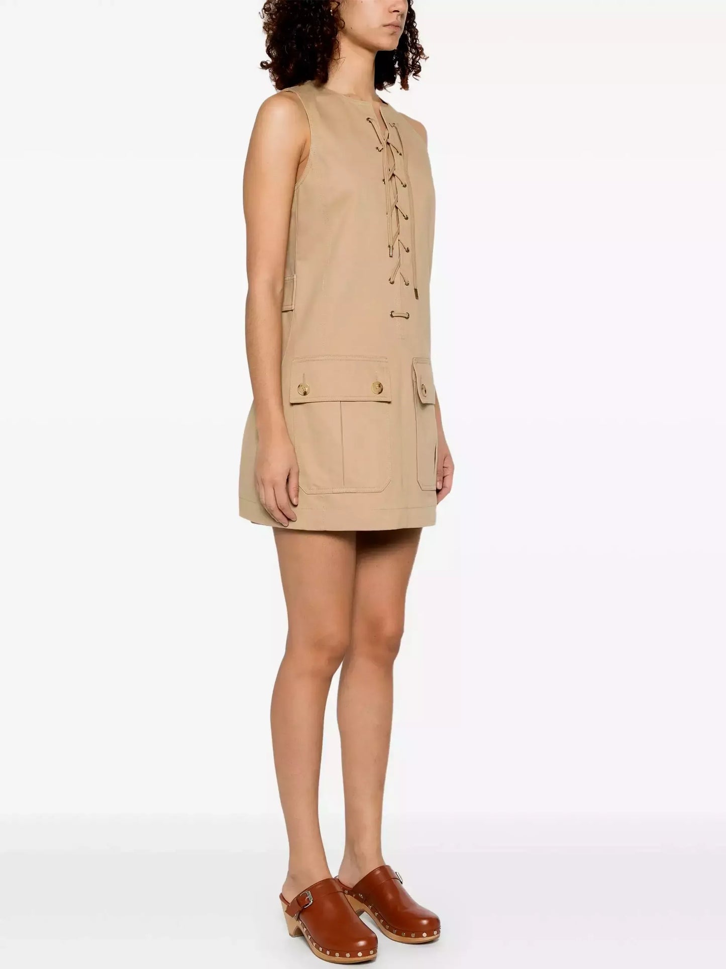 Lace-Up Cotton Mini Dress in Beige - Dresses