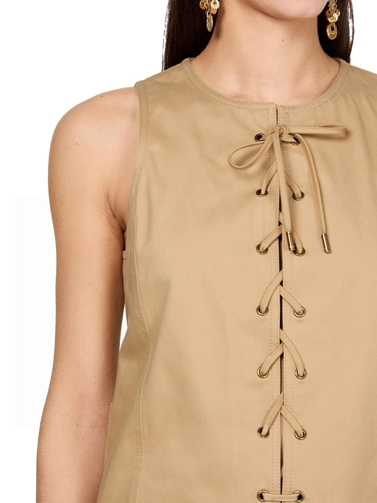 Lace-Up Cotton Mini Dress in Beige - Dresses