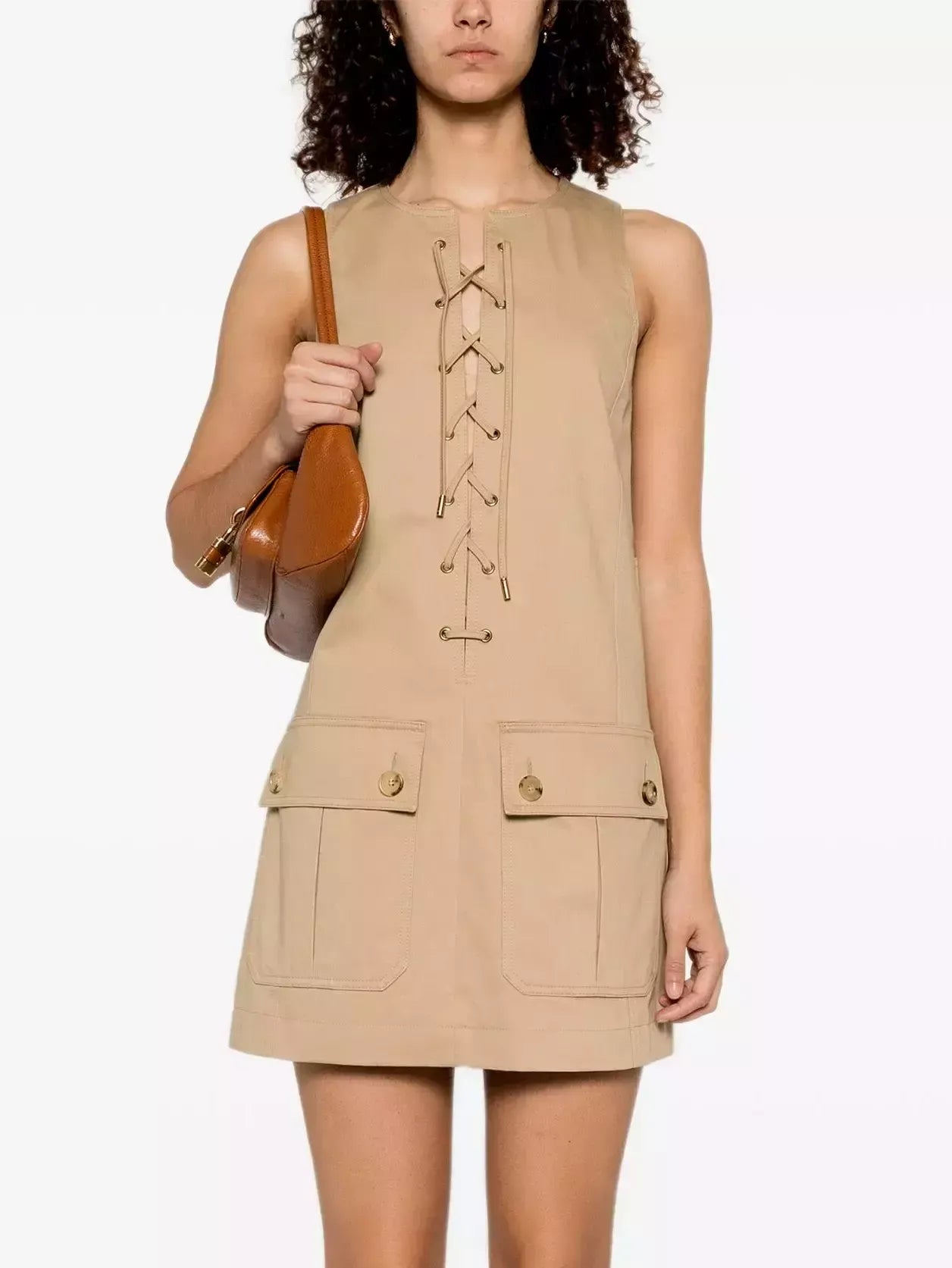 Lace-Up Cotton Mini Dress in Beige - Dresses