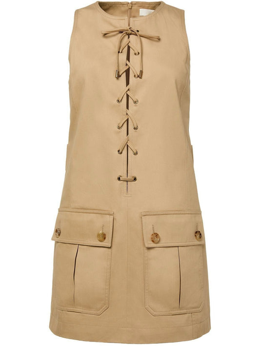 Lace-Up Cotton Mini Dress in Beige - Dresses