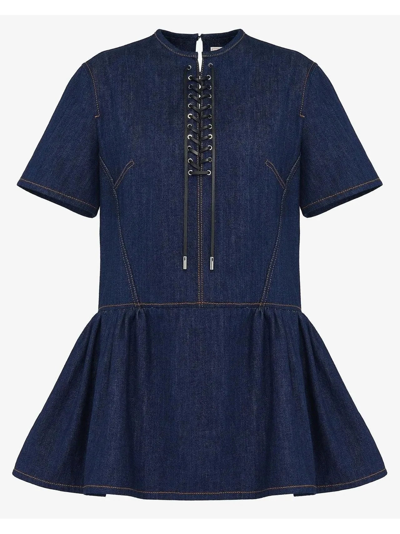 Lace-Up Detail Mini Dress in Denim - Dresses
