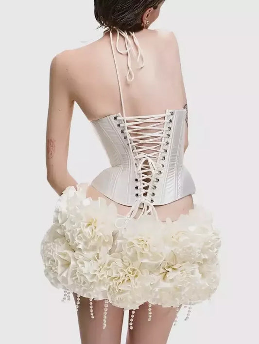 Lace-Up Halter Corset Top with Ruffled Mini Skirt - Suits & Sets