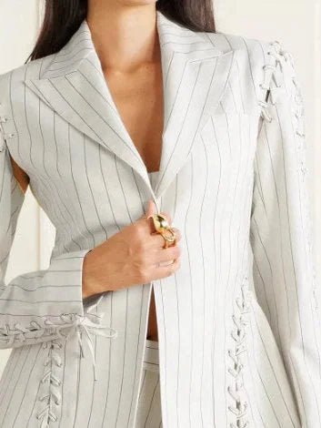 Lace-Up Pinstripe Fitted Blazer - Jackets