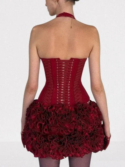 Lace-Up Red Halter Corset Top and Ruffle Skirt Set - Suits & Sets
