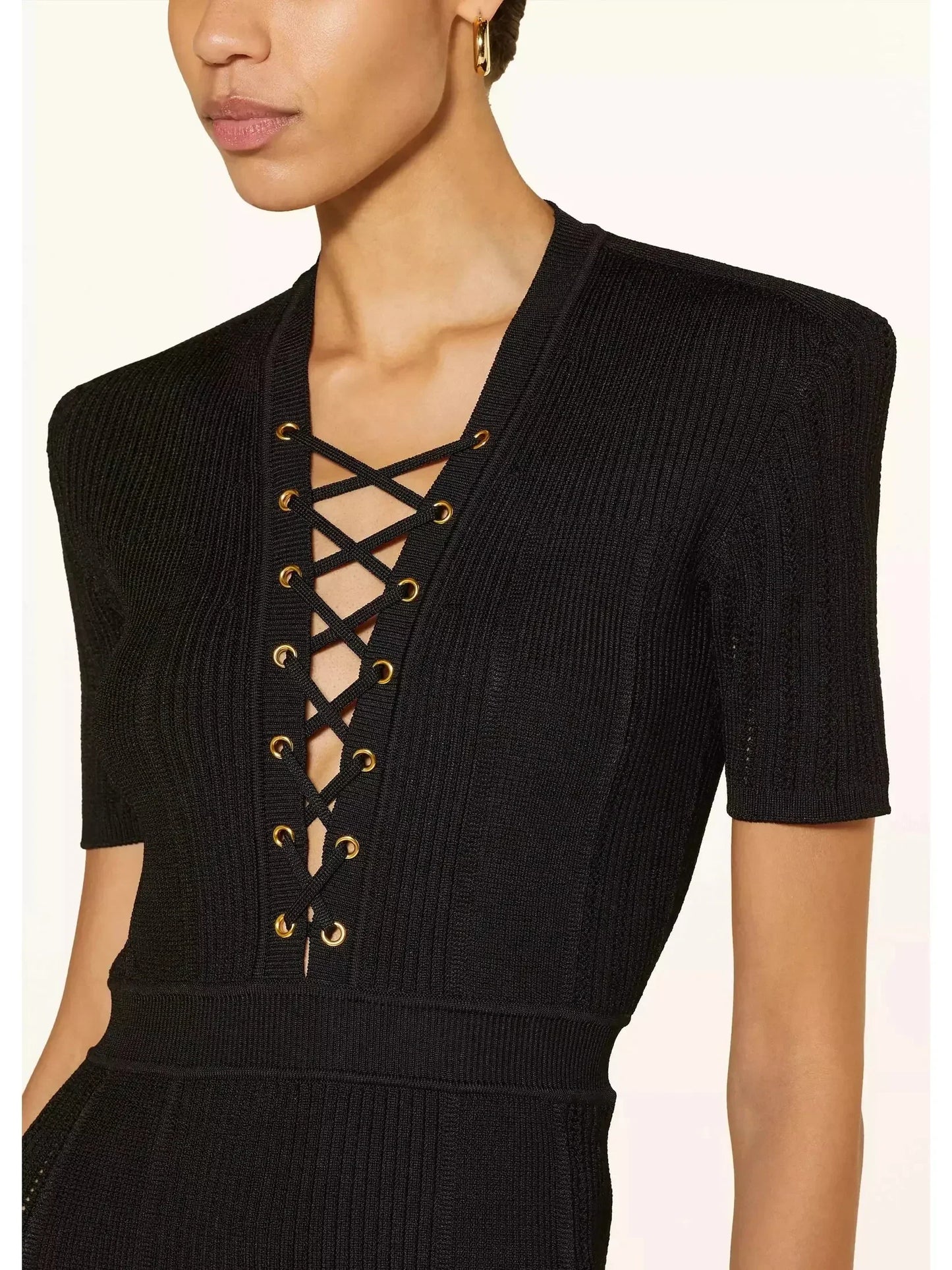 Lace-Up Ribbed Knit Black Mini Dress - Dresses