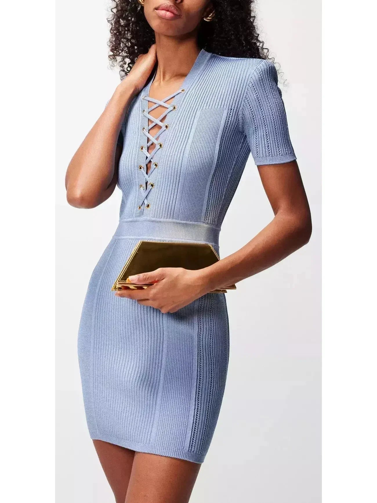 Lace-Up Ribbed Knit Blue Mini Dress
