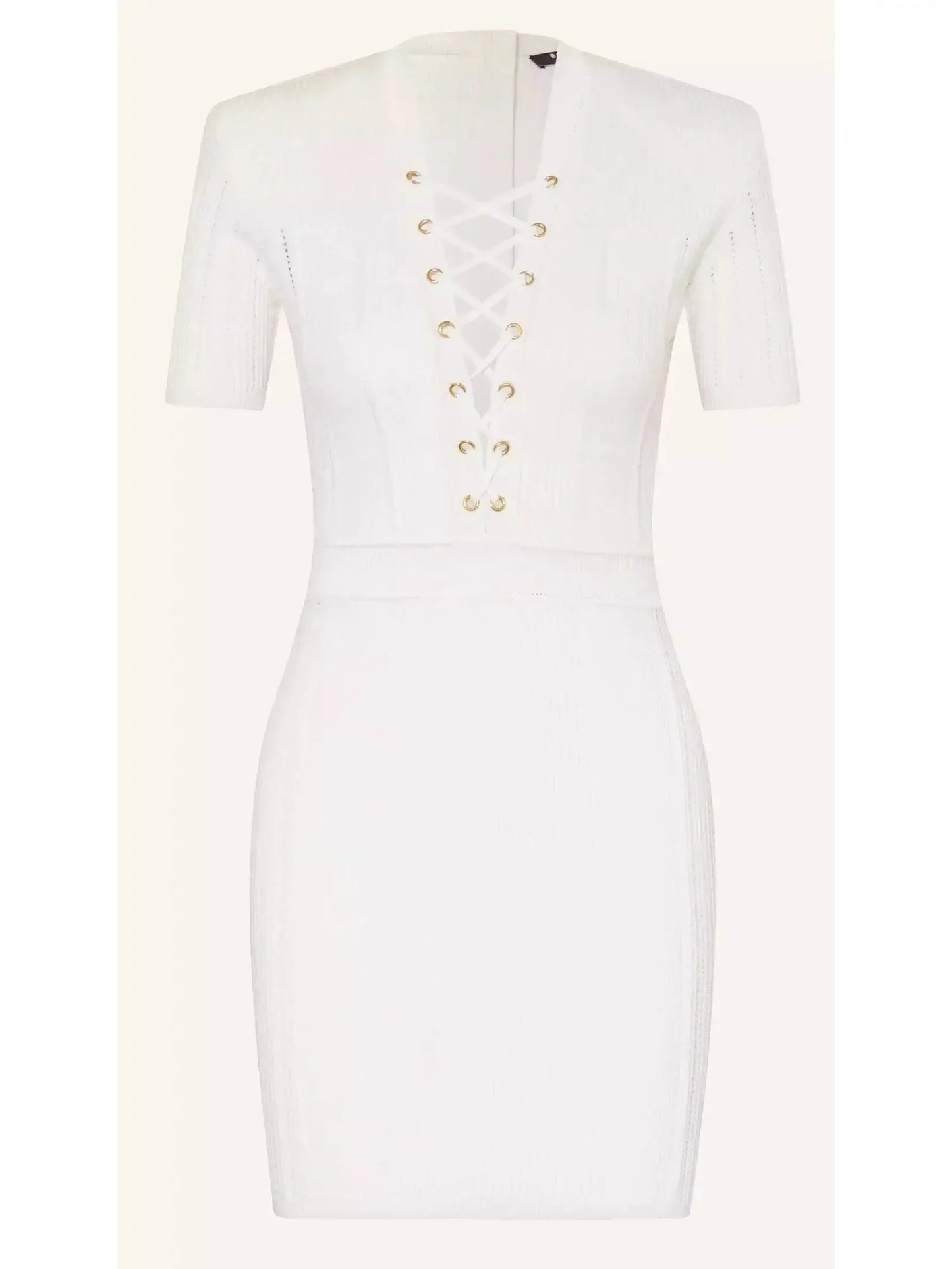 Lace-Up Ribbed Knit White Mini Dress - Dresses