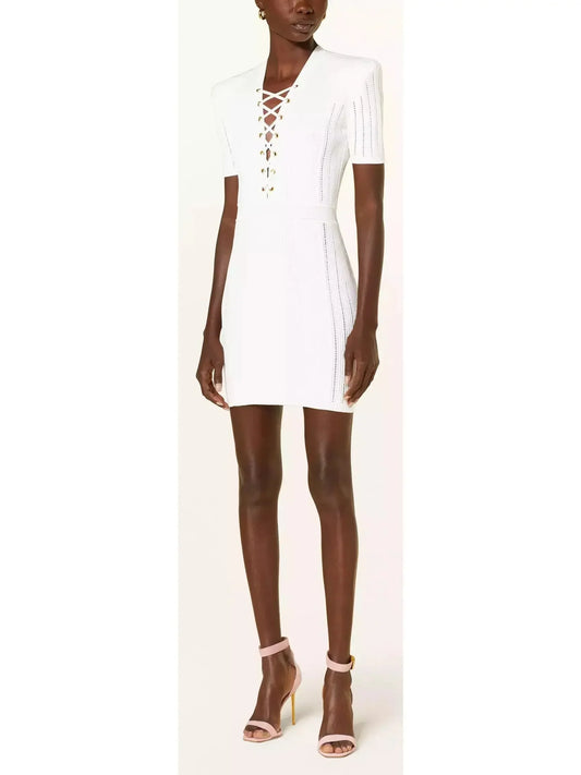 Lace-Up Ribbed Knit White Mini Dress - small - Dresses