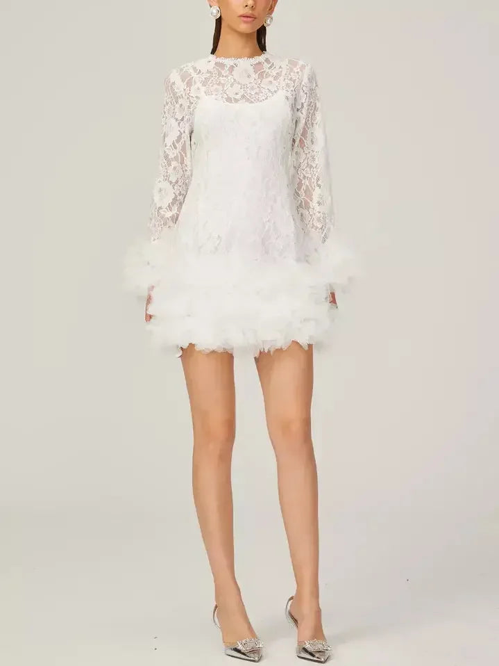 Lace with Petal-Tulle Detail Mini Dress - Dresses