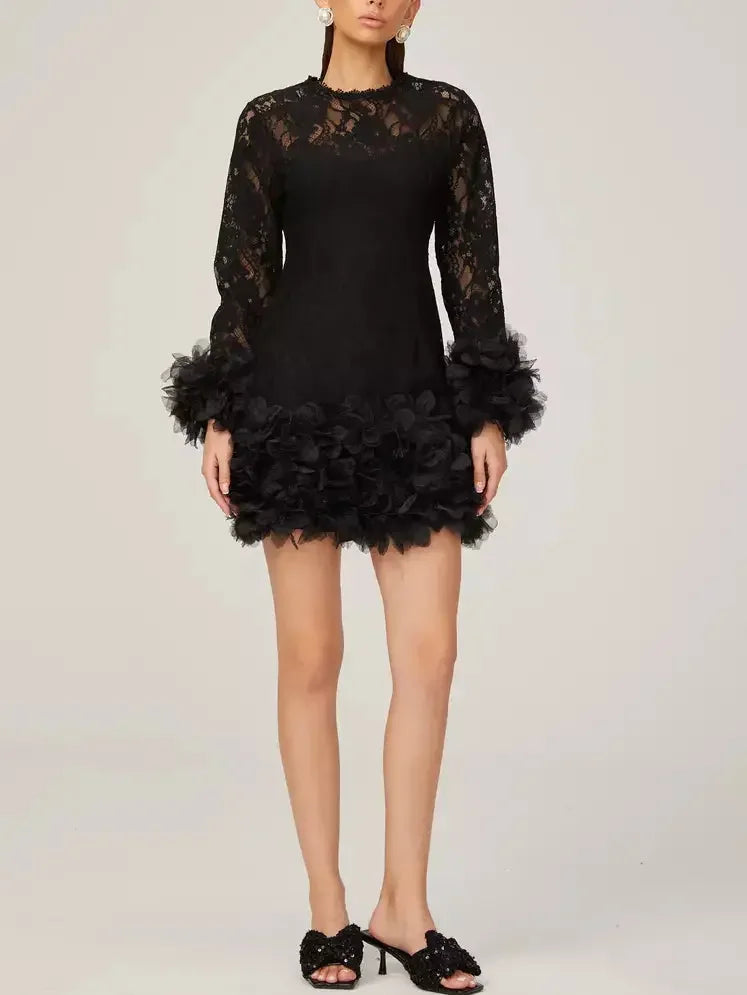 Lace with Petal-Tulle Detail Mini Dress - Dresses