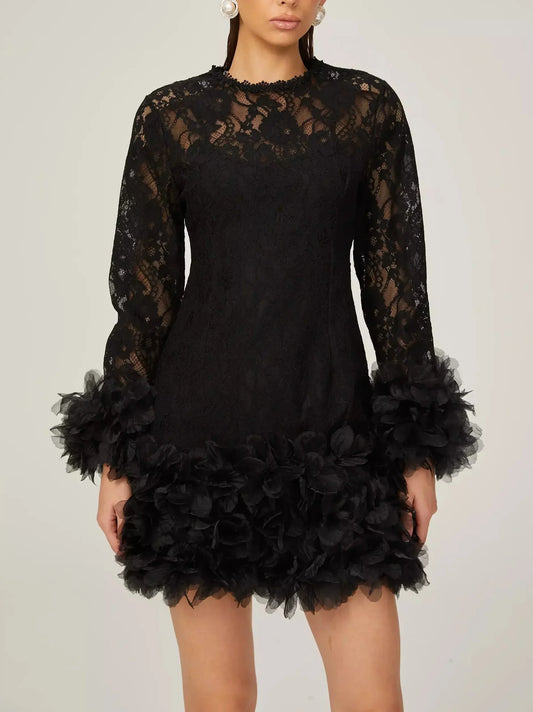 Lace with Petal-Tulle Detail Mini Dress - Dresses