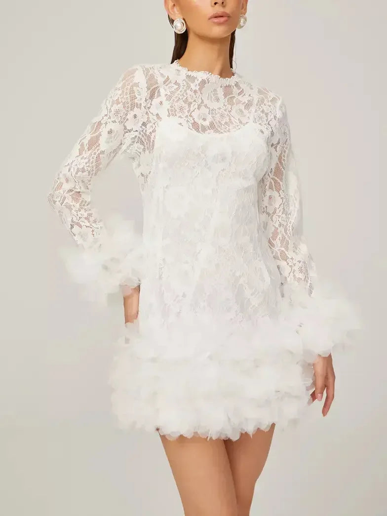 Lace with Petal-Tulle Detail Mini Dress - Dresses