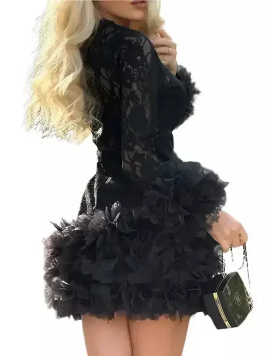 Lace with Petal-Tulle Detail Mini Dress - Dresses