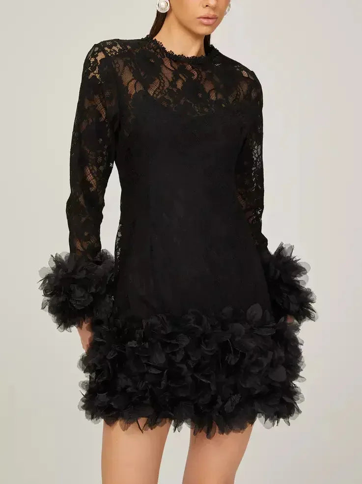 Lace with Petal-Tulle Detail Mini Dress - Dresses