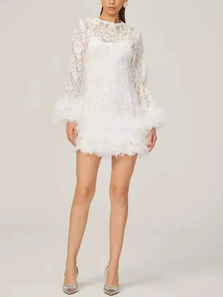 Lace with Petal-Tulle Detail Mini Dress - Dresses