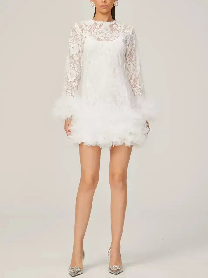 Lace with Petal-Tulle Detail Mini Dress - Dresses
