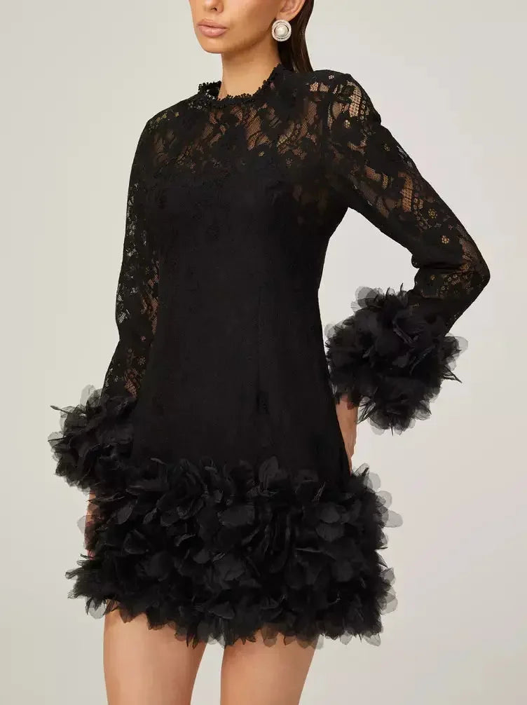 Lace with Petal-Tulle Detail Mini Dress - Dresses