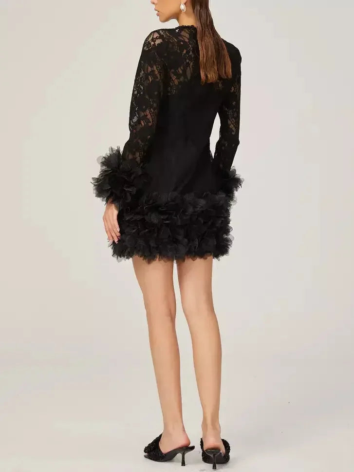 Lace with Petal-Tulle Detail Mini Dress - Dresses