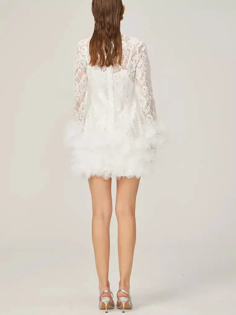 Lace with Petal-Tulle Detail Mini Dress - Dresses