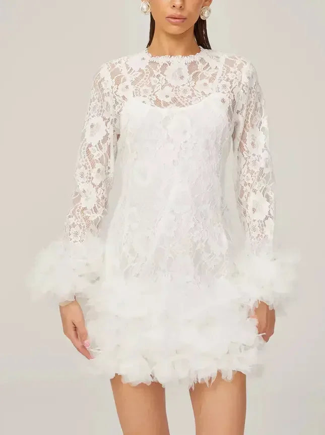 Lace with Petal-Tulle Detail Mini Dress - Dresses
