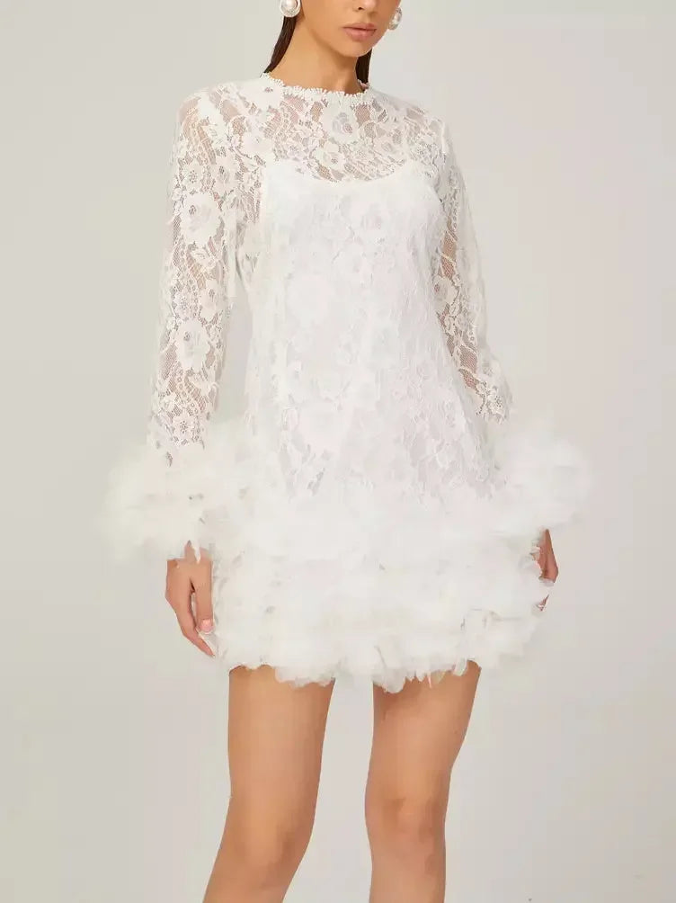 Lace with Petal-Tulle Detail Mini Dress - Dresses