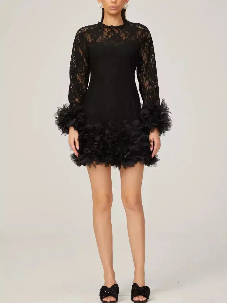Lace with Petal-Tulle Detail Mini Dress - Dresses