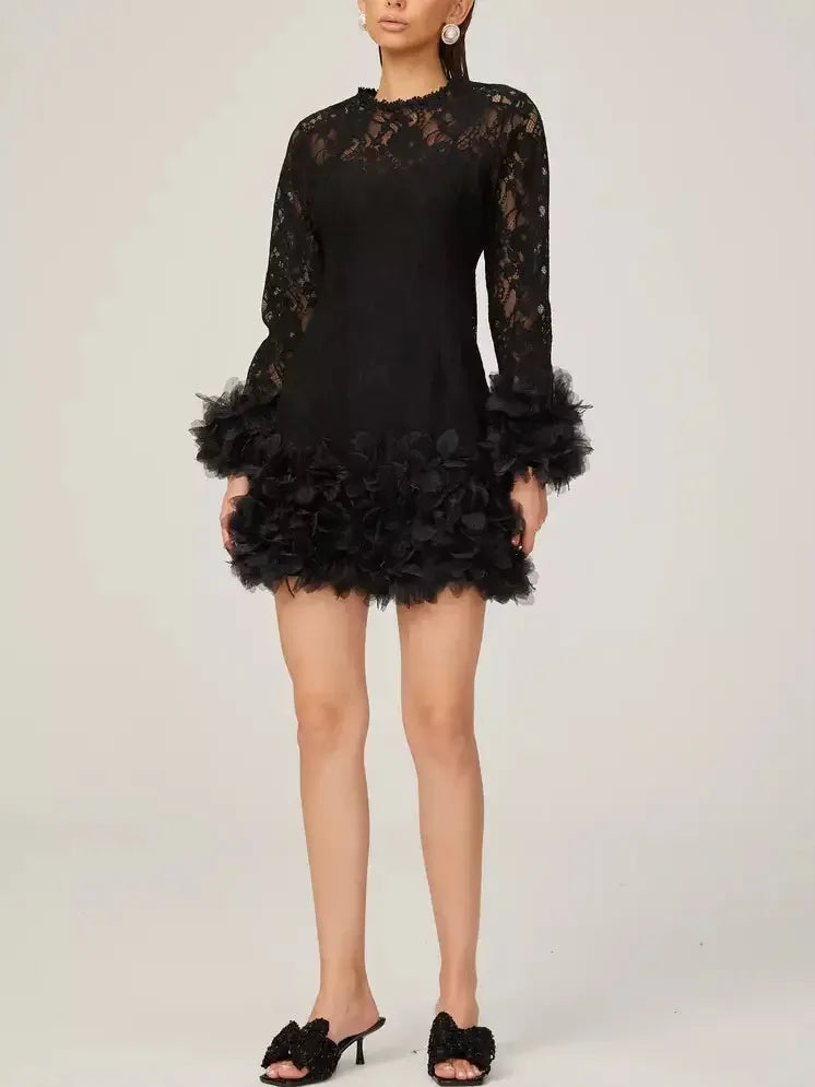 Lace with Petal-Tulle Detail Mini Dress - Dresses