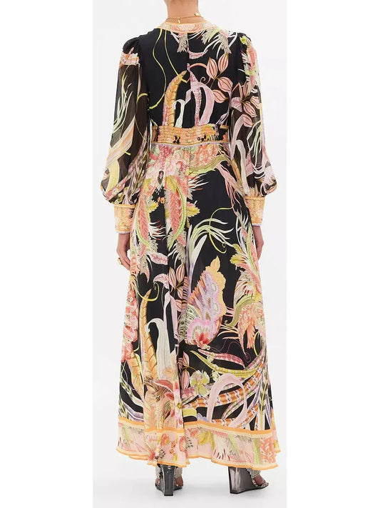 Lady Of The Moon Shaped Waistband Dress With Gathered Sleeves - Dresses